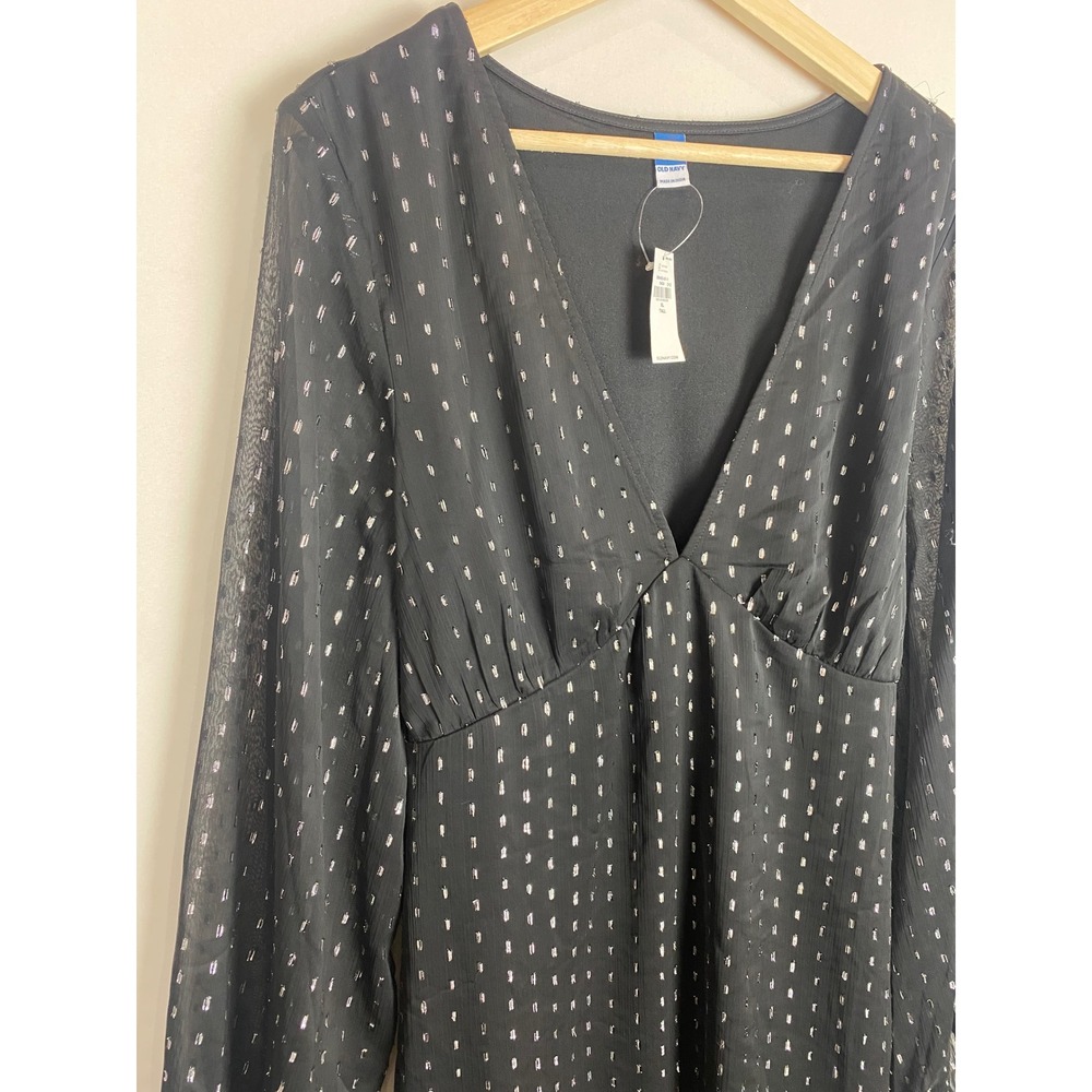 Old Navy Womens XL Tall Black Silver Metallic Swiss Dot V-Neck Mini Dress NWT - Picture 5 of 8